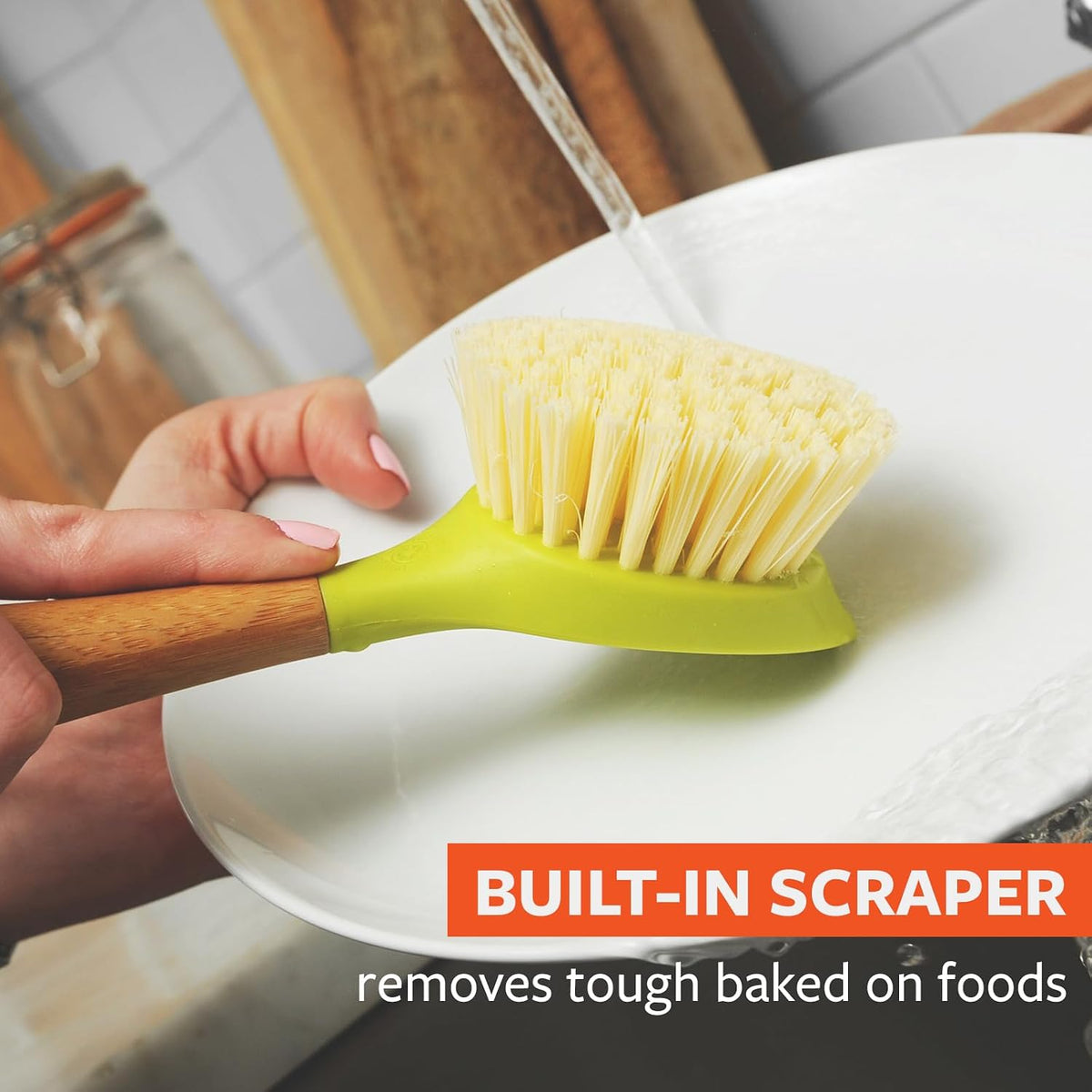 Kitchen Dish Brush, Bamboo Handle & Strong Bristles, Green 1pk