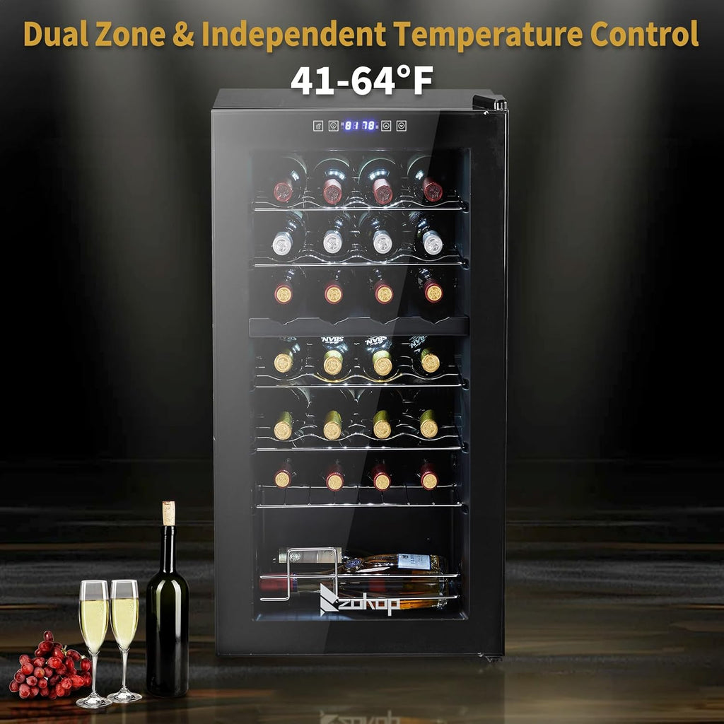 28-Bottle Dual Zone Compressor Wine Cooler, Freestanding Mini Fridge