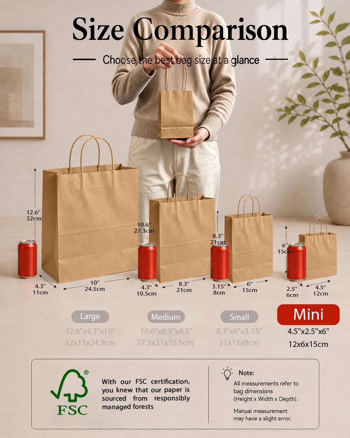 30-Packs Brown Gift Bags with Handles Bulk 4.5"x2.5"x6" Mini Size Party Paper Bags