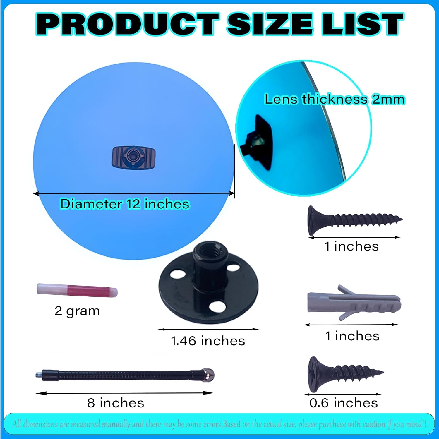 12" HD Frameless Acrylic Convex Mirror, Wide Angle Garage Blind Spot Mirror | Convex fish eye mirror with wide