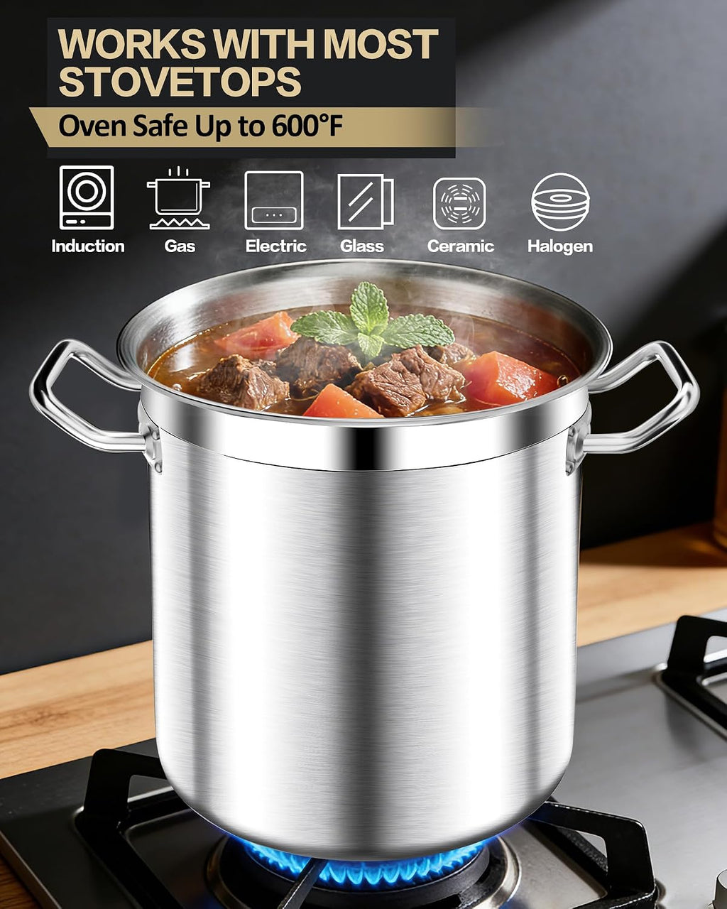Stainless Steel Stock Pot with Lid – 24 Quart (6 Gallon) Heavy-Duty Cooking Pot for Soup, Stew, Pasta – Commercial &