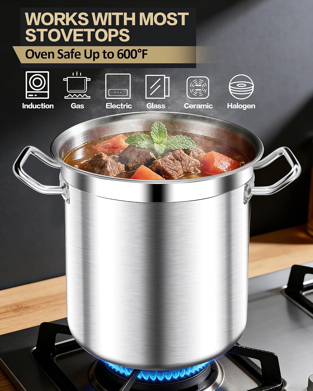 Stainless Steel Stock Pot with Lid – 24 Quart (6 Gallon) Heavy-Duty Cooking Pot for Soup, Stew, Pasta – Commercial &
