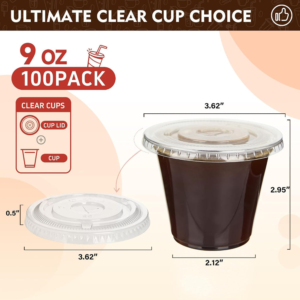 9 oz 50 Pack Clear Plastic Cups with Flat Lids, Disposable Cups With Straw Slot Lids for Cold Drinks