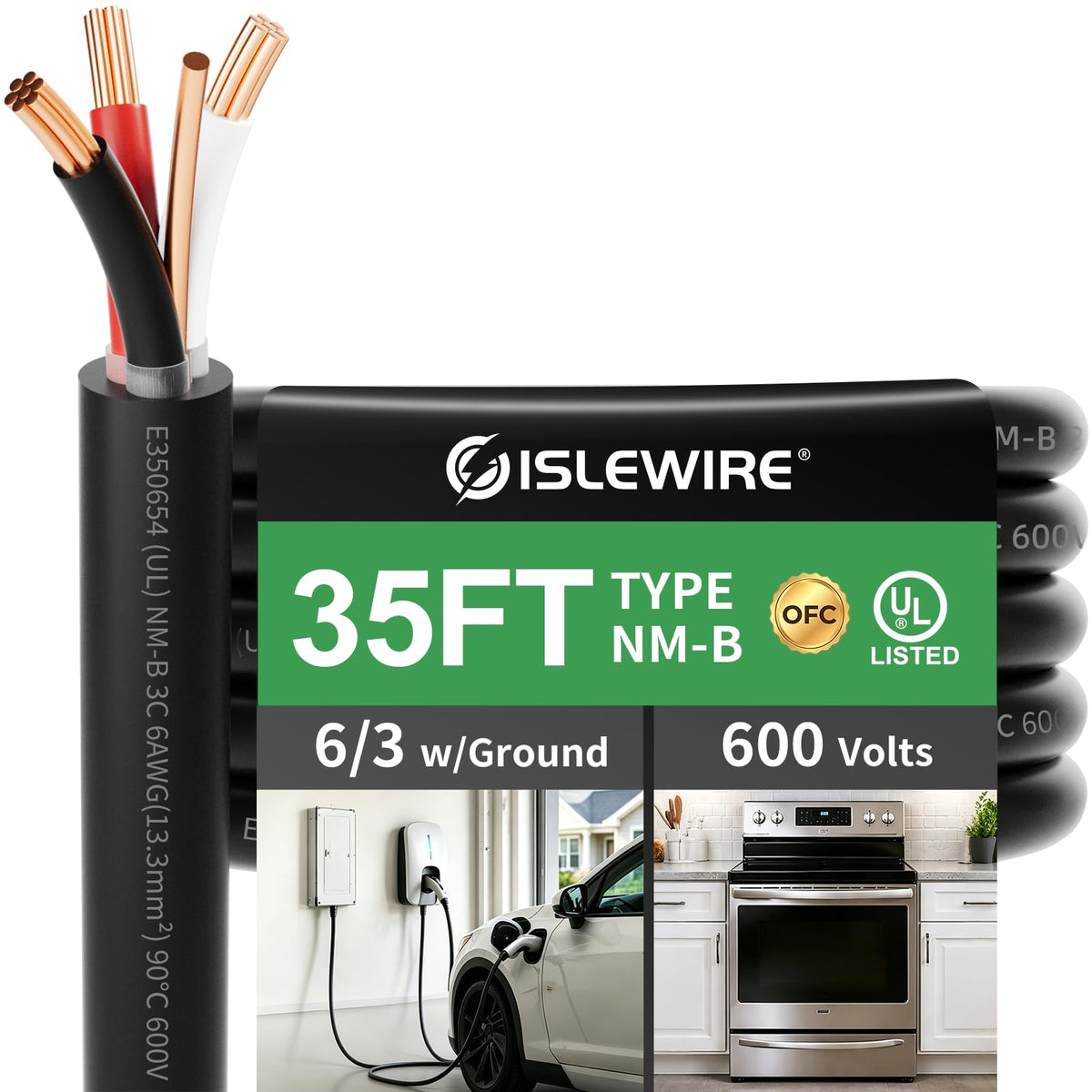 6/3 NM-B Cable with Ground, 6 AWG Copper Wire, 35FT Indoor Electrical Wire