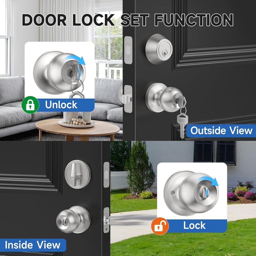 2 Pack Exterior Door Lock Set with Deadbolt Lock, Keyed Alike Satin Nickel Entry Door Knobs and Single Cylinder
