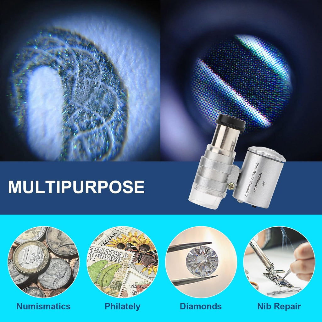 60X Mini Illuminated Microscope Pocket Magnifier Portable Jewelers Loupe | Pocket microscope with led ＆ uv & leather