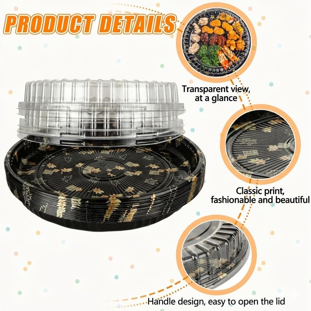 10 Inch Catering Trays with Lids, Round, Plastic, 30 Pack