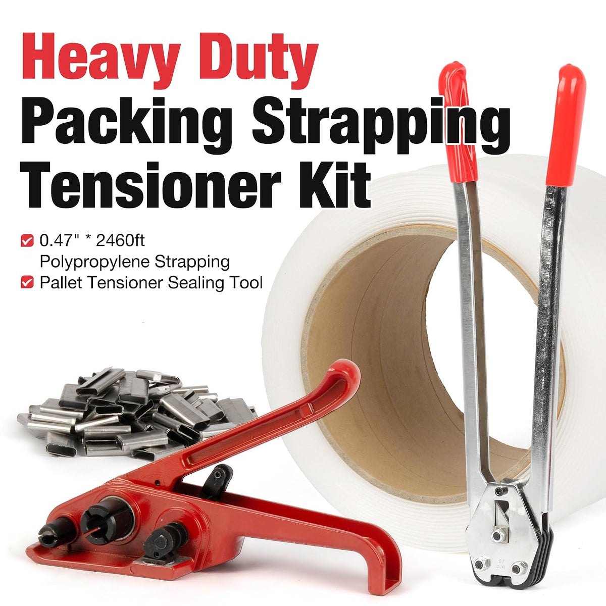 Heavy Duty Packing Strapping Tensioner Kit 150 Metal Seals, 0.47" x 0.03" x 2460ft Polypropylene Strapping, Pallet