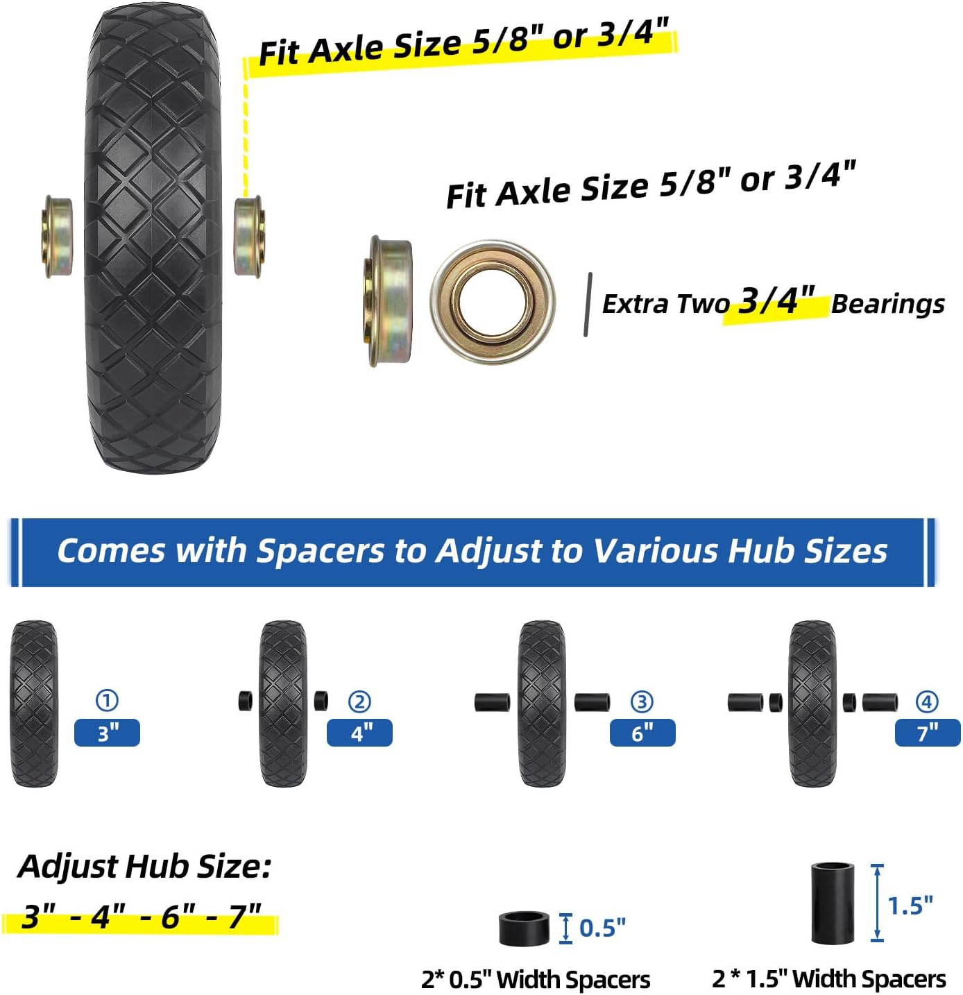 4.80/4.00-8" Wheelbarrow Tire, 16" Flat-Free Solid Tire and Wheel, 3" Centered Hub, 5/8" Axle Bore Hole, for Garden
