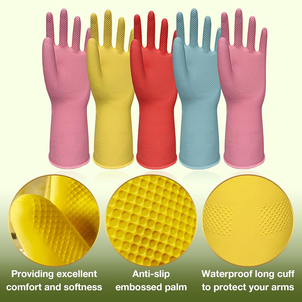 Rubber Cleaning Gloves 5 Pairs Kitchen Dishwashing Gloves Reusable for Household Washing Dishes Cleaning Gardening