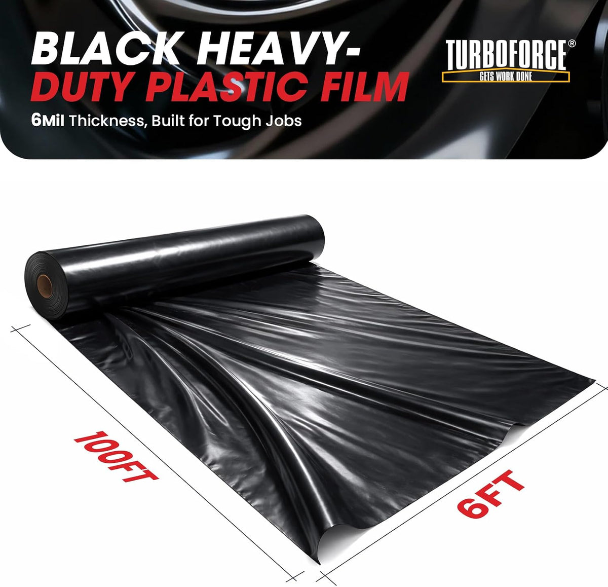 6 Mil Black Plastic Sheeting (6' x 100') - Heavy Duty, Waterproof, UV Resistant Polyethylene Sheeting Roll for