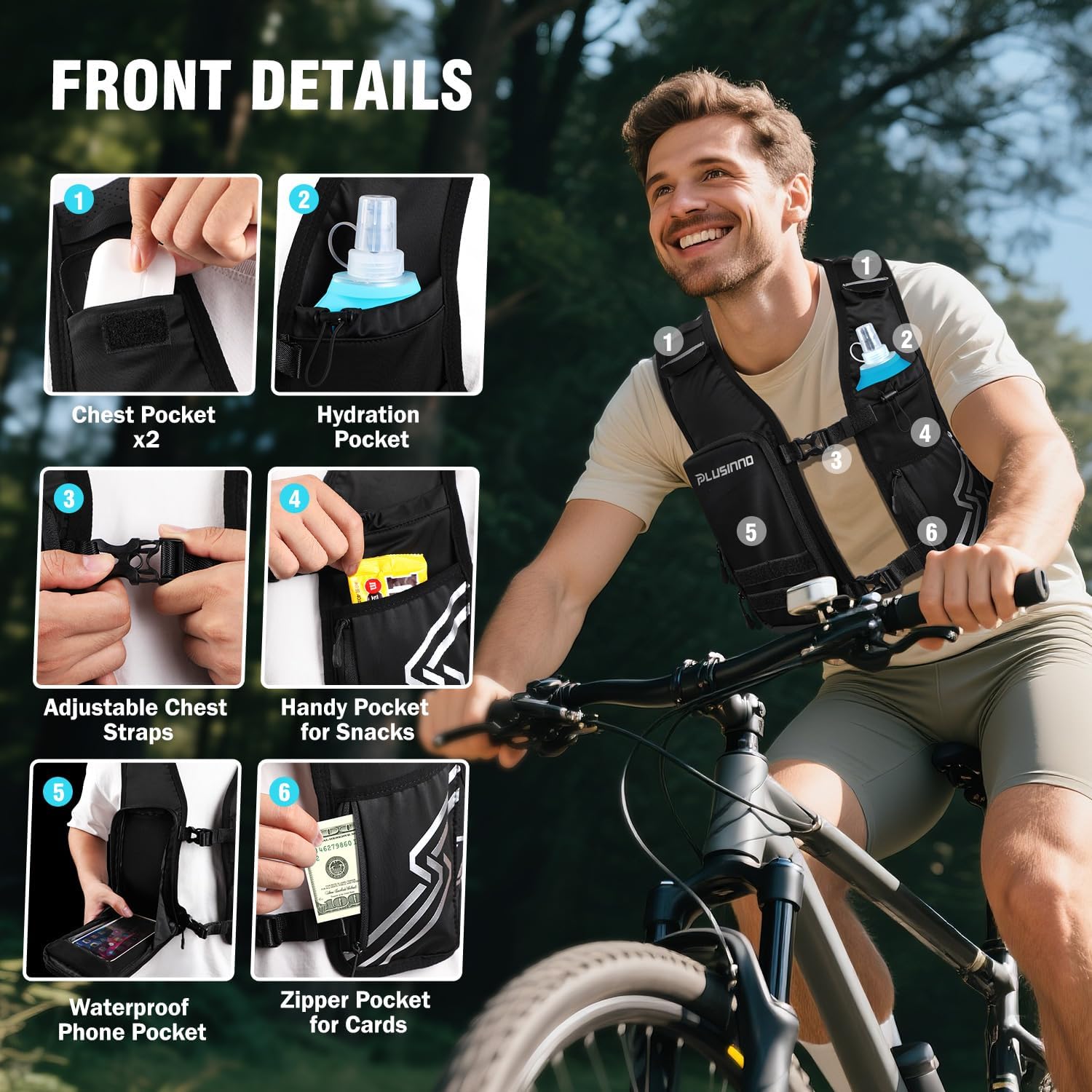 Running Vest for Women Men, Running Hydration Vest with 500ml Soft Flask & Touch-Screen Phone Pocket, Reflective