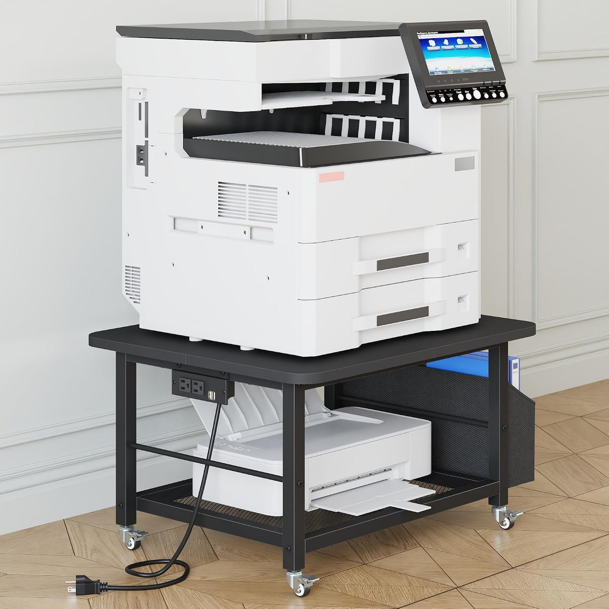 23.6" Large Printer Stand with Power Outlet,3D Printer Table,Black | Heavy Duty Rolling Cart for Home Office,Storage