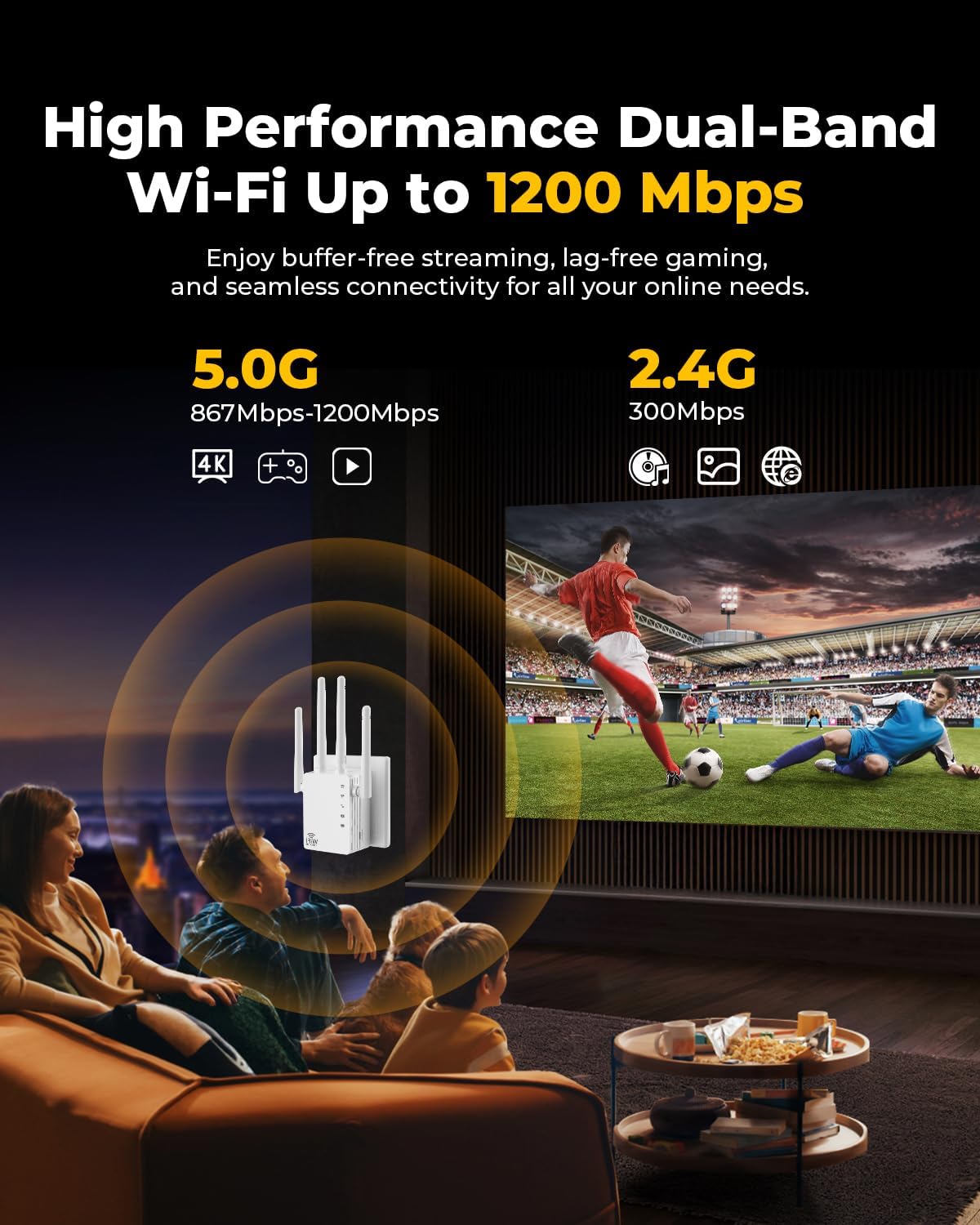 Dual Band 5GHz/2.4GHz WiFi Extender with Ethernet Port, 4 Rotatable Antennas WiFi Extender Signal Booster, WiFi