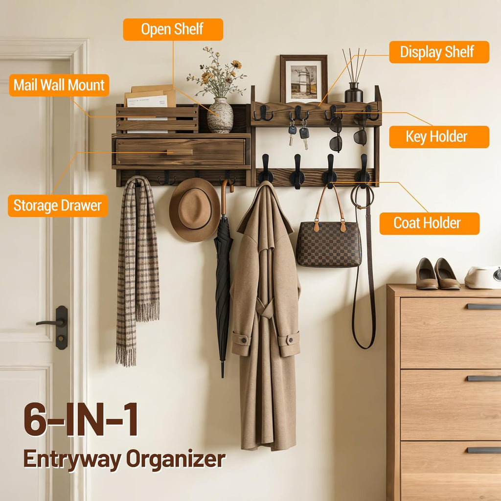 29" Coat Rack Wall Mount with Shelf & Drawer, Heavy Duty Wood Entryway Organizer, Wall Coat Hanger with 12 Metal