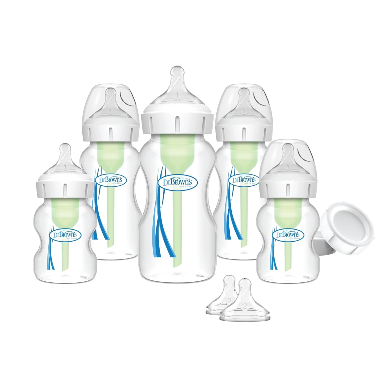 Anti-Colic Options+ Wide-Neck Baby Bottle Feeding Set, 5 oz/9 oz, with Bottle Travel Caps (Packaging May Vary)
