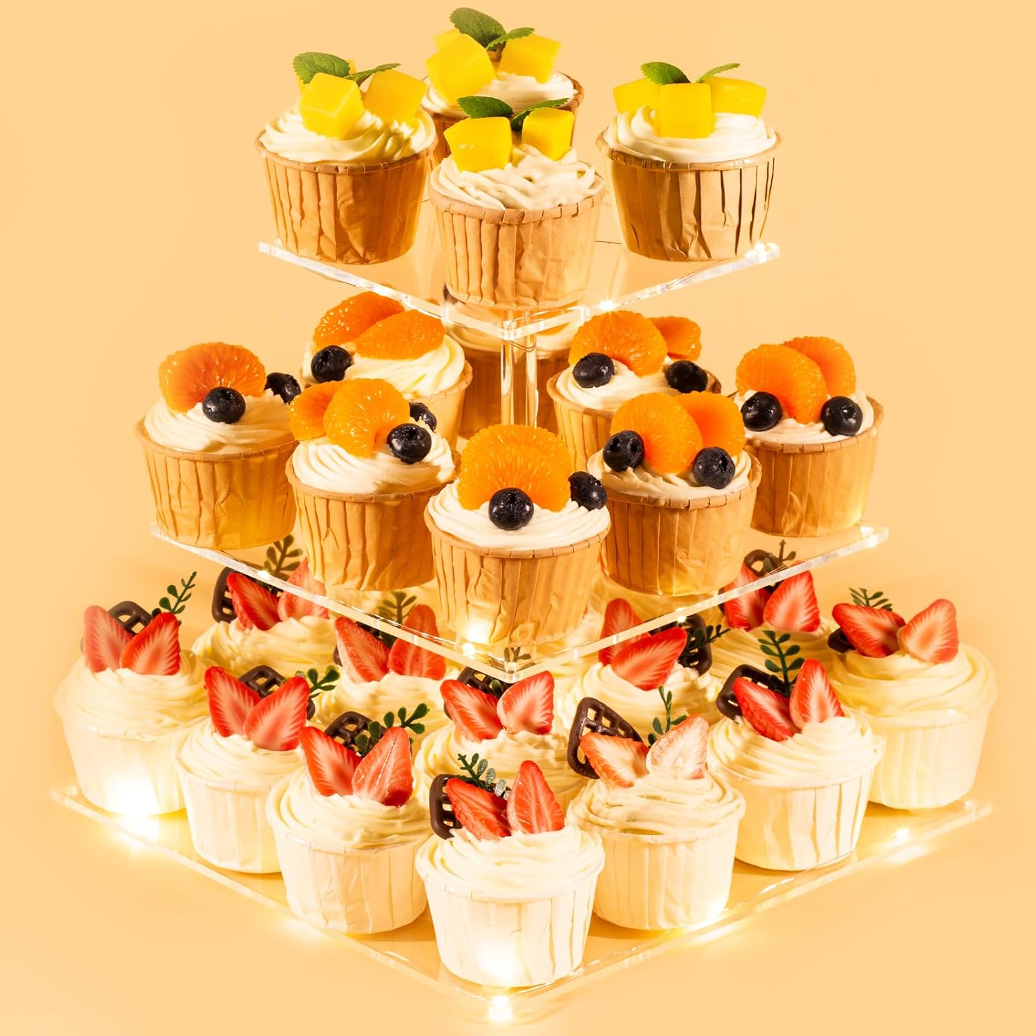 3 Tier Cupcake Stand Cupcake Holder, Acrylic Cupcake Tower with LED Yellow Light for 24 Cupcakes, Dessert Table