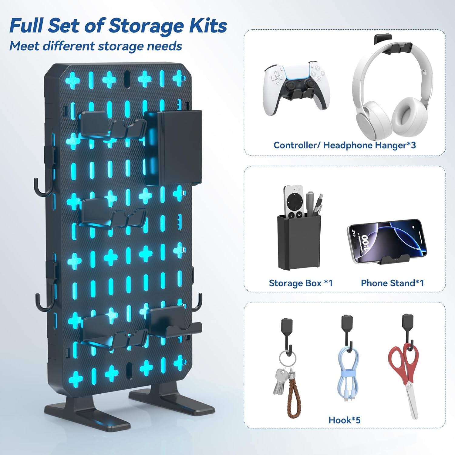 6 in 1 RGB Gaming Desk Accessories - No Drill Desk Organizer with Phone Stand/Storage Box/Headset & Controller