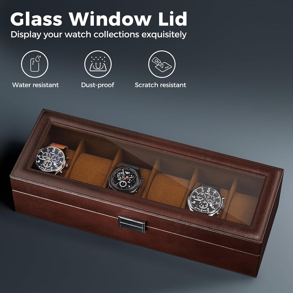 Watch Box, 6 Slot Mens Watch Display Case, Espresso | Watches Collection Storage Holder Organizer for Men Women