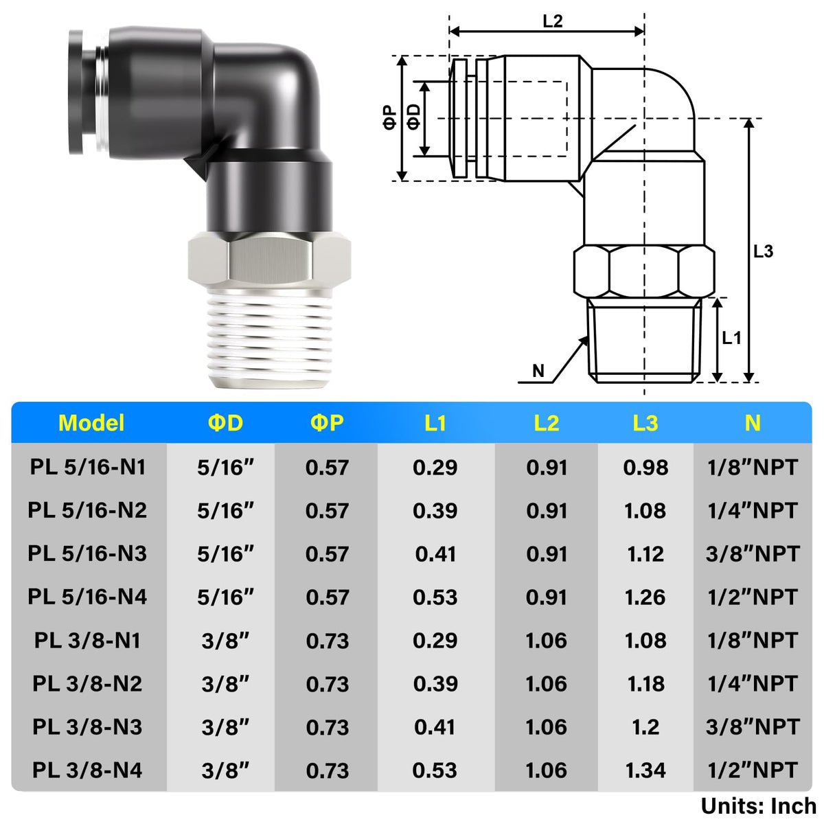 TAILONZ 3/8" x 3/8" NPT Push to Connect Elbow Fitting 2Pcs