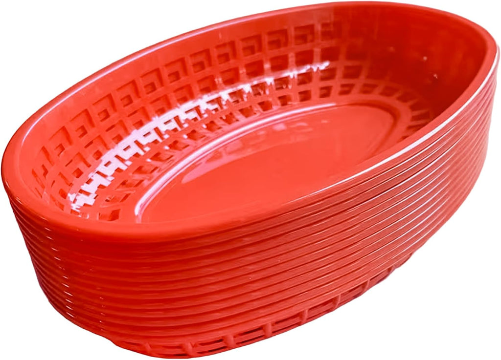 Reusable Plastic Oval Food Baskets, Red, 6 Pack