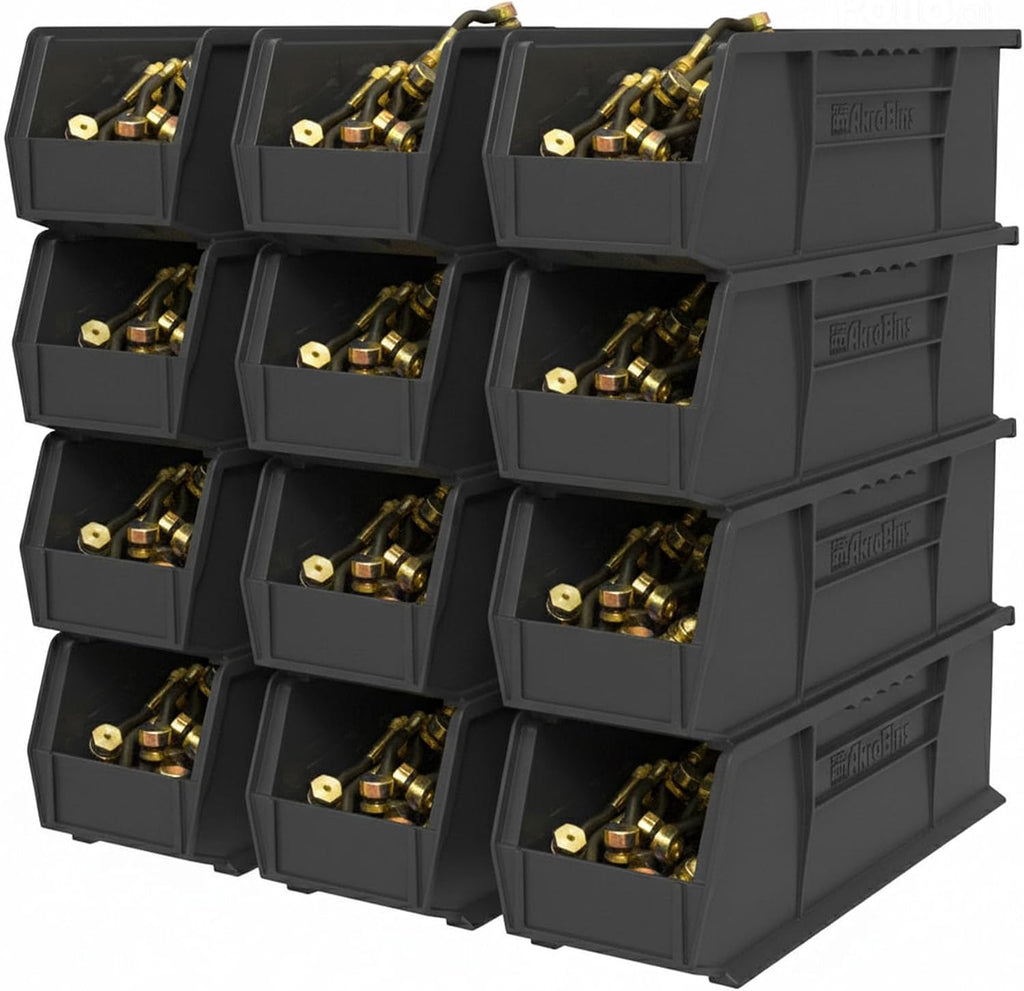 30234 AkroBins Plastic Storage Bins, 15"x5"x5", Black, 12-Pack | Space-Saving Stackable Bins for Garage, Pantry
