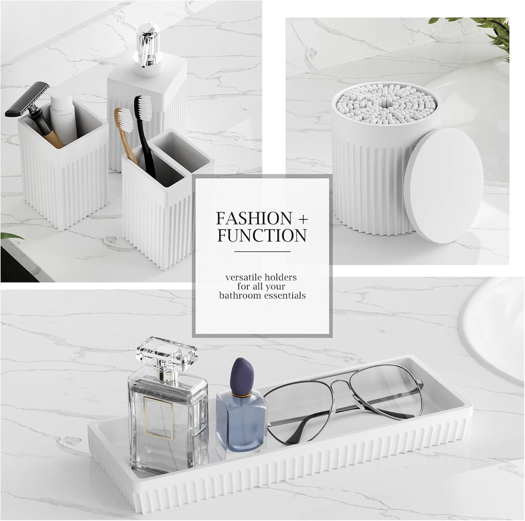 6-Piece White Bathroom Set - Modern Resin Bathroom Accessories Set with Soap Dispenser, Toothbrush Holder, Vanity
