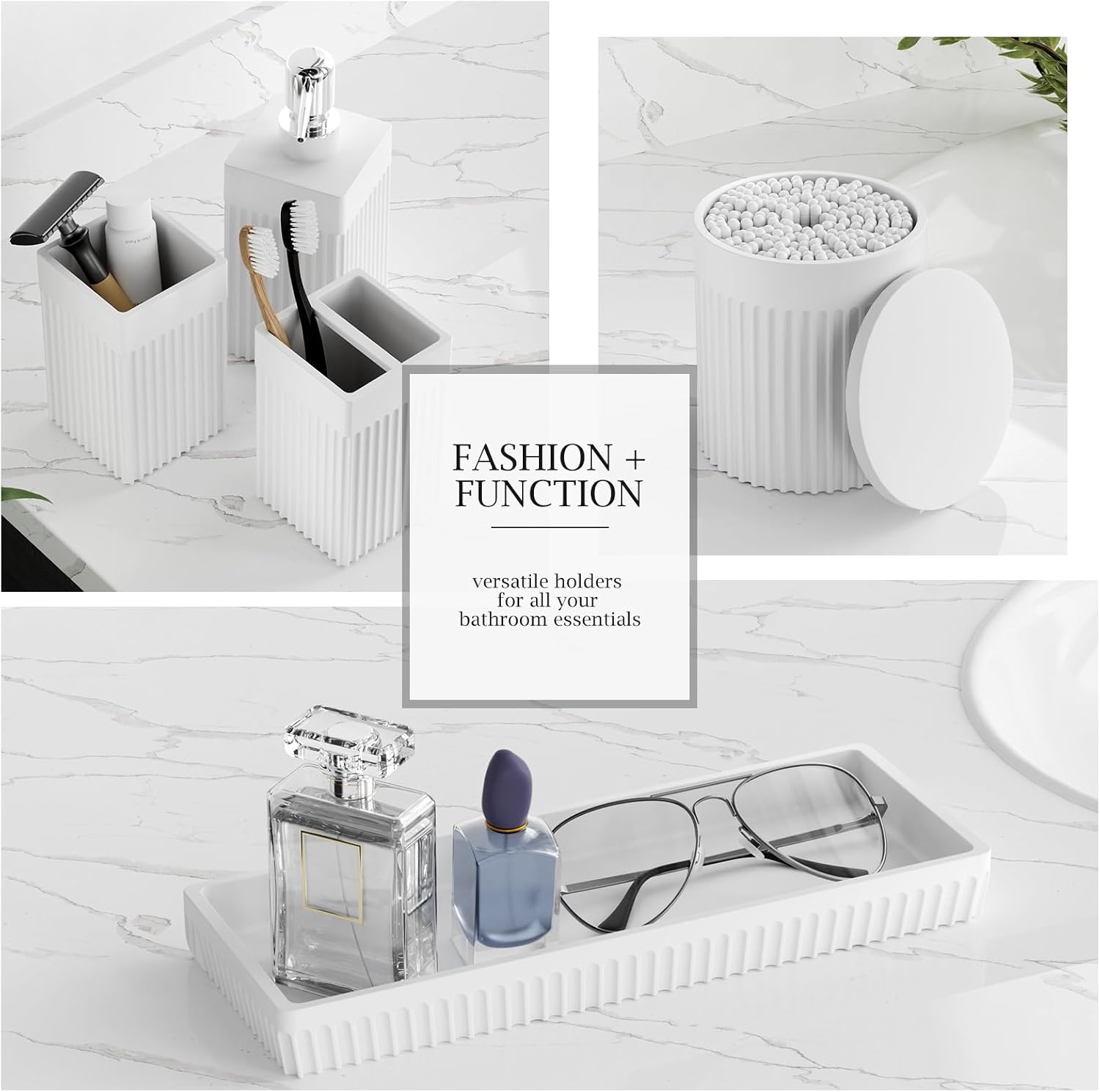 6-Piece White Bathroom Set - Modern Resin Bathroom Accessories Set with Soap Dispenser, Toothbrush Holder, Vanity