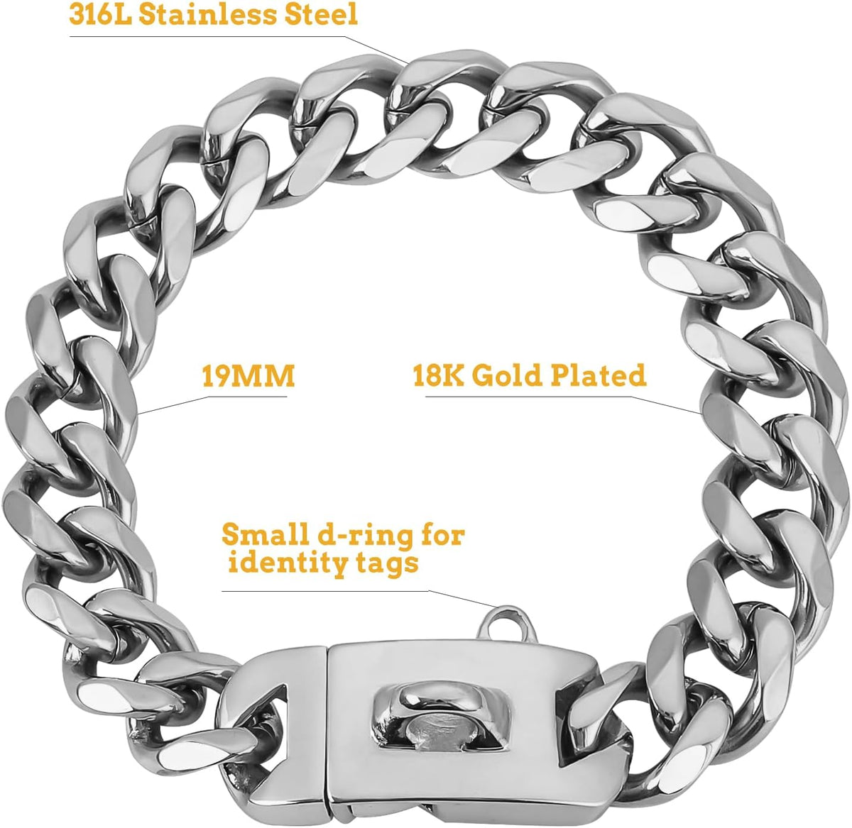 19mm Silver Chain Dog Collar, Luxurious Cuban Link Dog Collar
