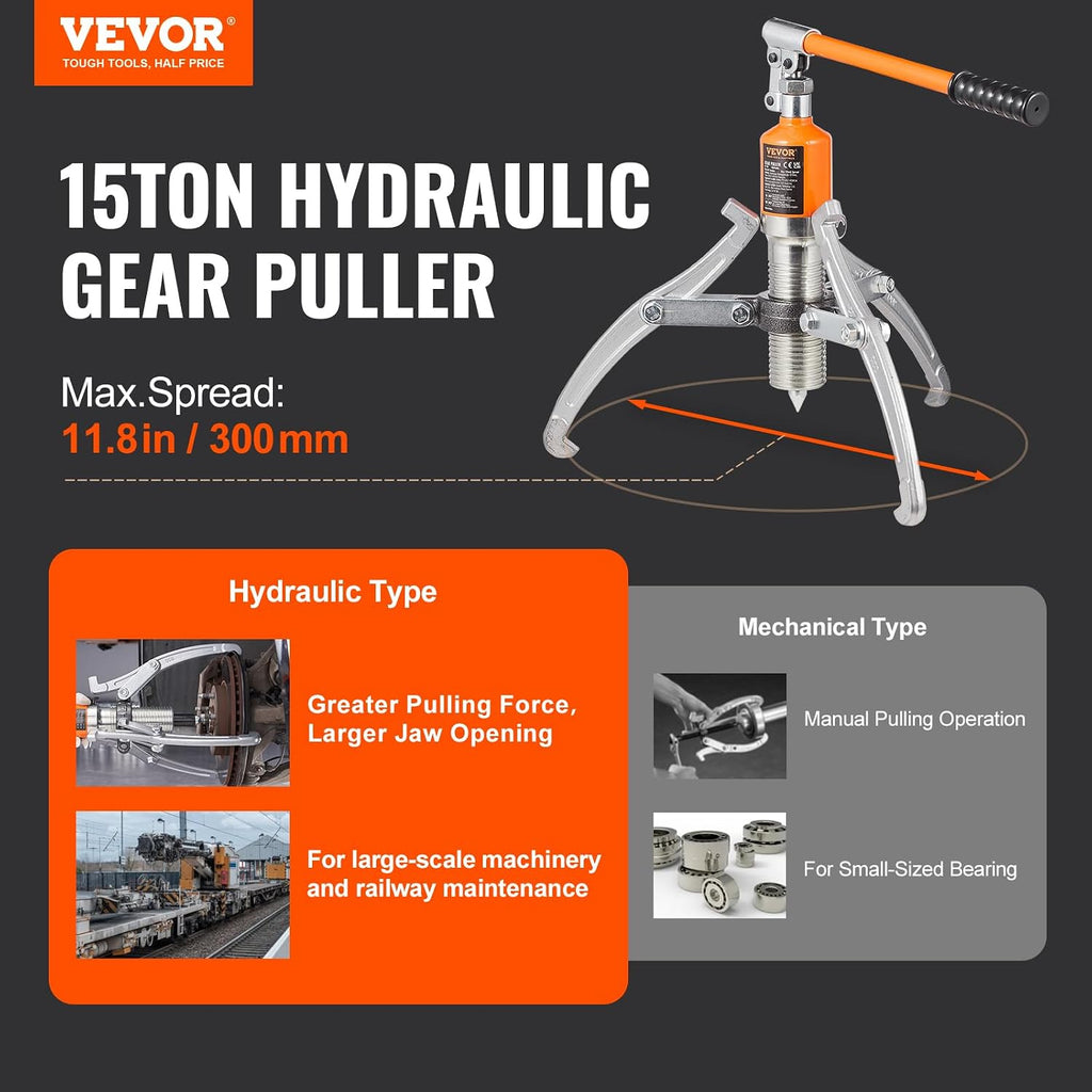 Hydraulic Gear Puller, 15 Ton Max Capacity Wheel Bearing Pulling Separator, 2 or 3 Jaws Puller, Vertically and