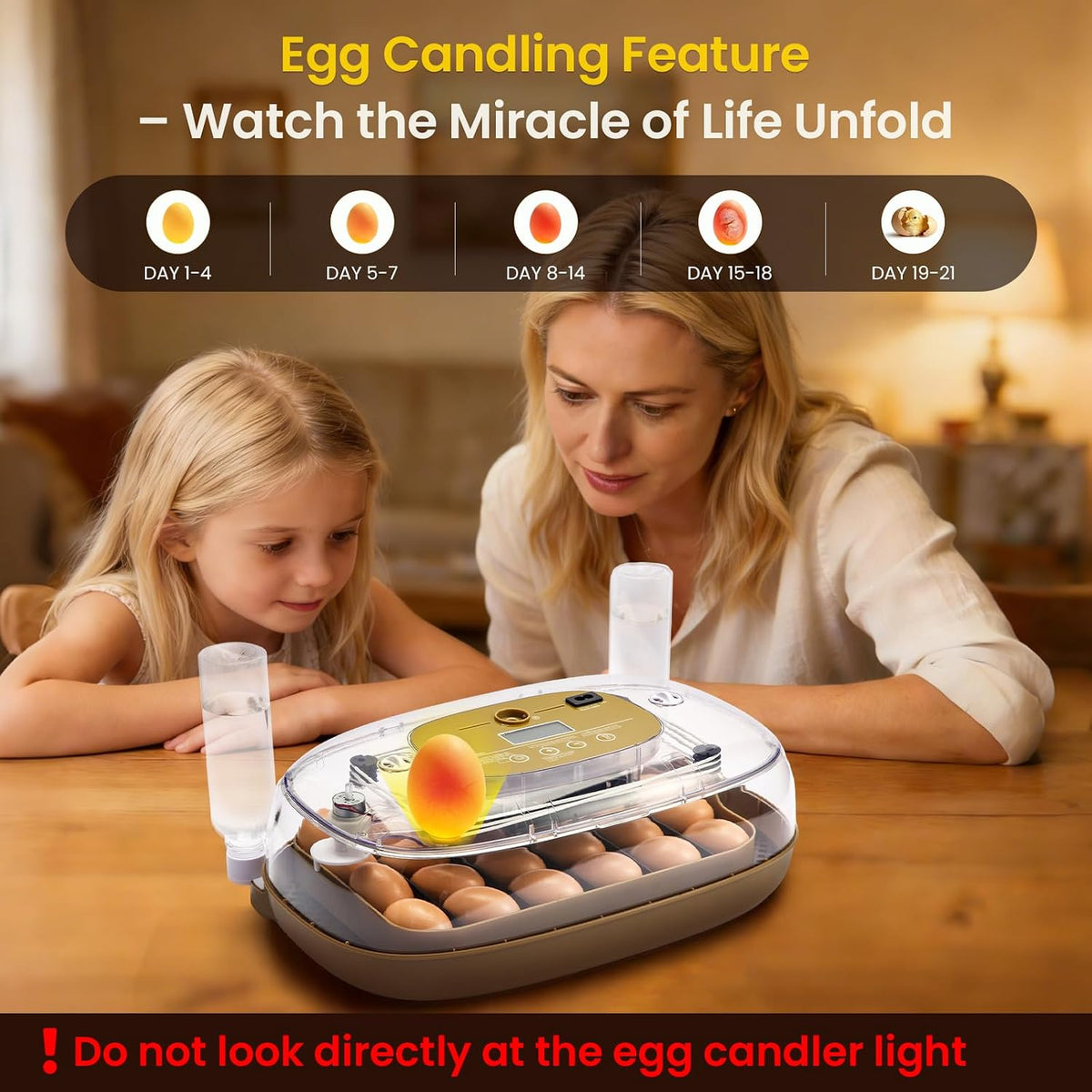 24-Egg Incubator: Auto Egg Turner, Precise Temp Control, Auto Water Refill, Candler | 360° Full Clear View | Fits