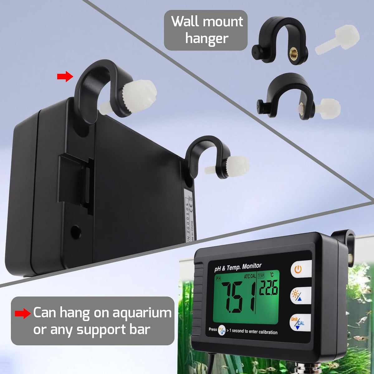 Digital Combo pH & Temperature Meter, Aquarium Thermometer pH Monitor with Automatic Calibration Function for Fish
