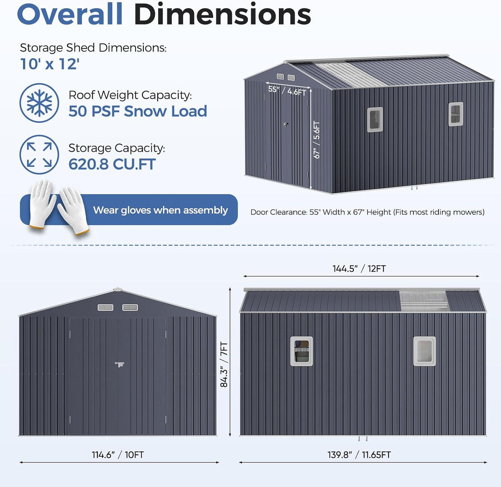 10x12 FT Metal Storage Shed with Reinforced Frame | 20‑Gauge Galvanized Metal Shed, Lockable Double Doors, Skylights