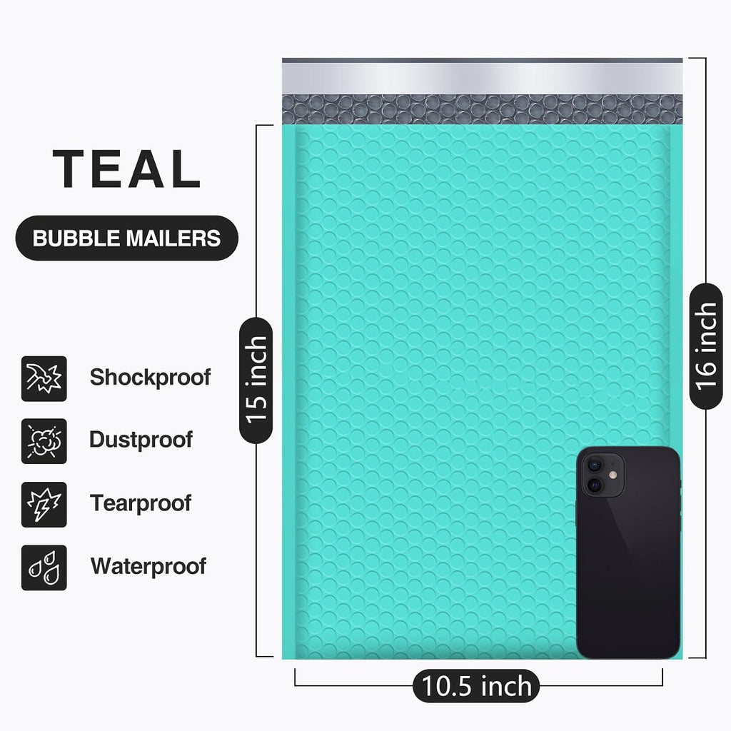 Bubble Mailers 10.5x16" Teal 25 Pack Usable Size 10.5x15" Padded #5