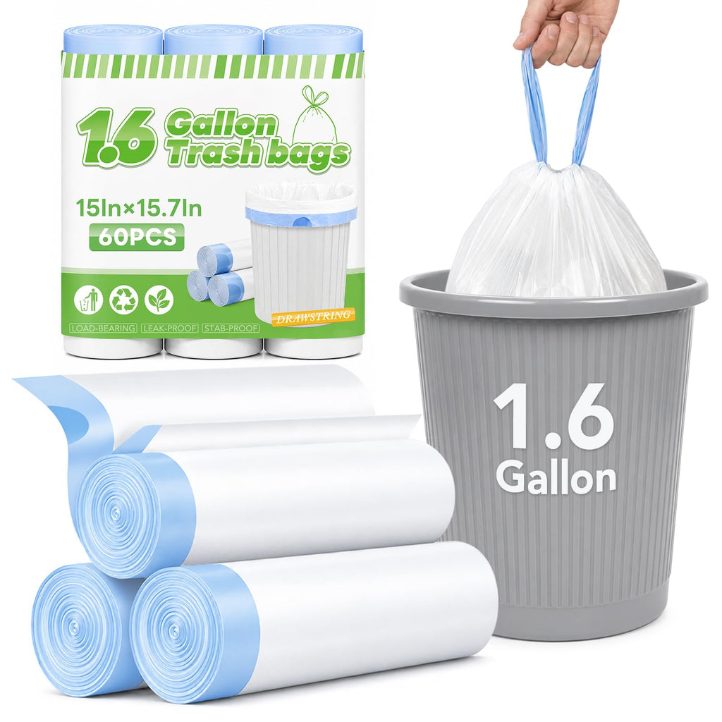 1.6 Gallon Small Drawstring Trash Bags Mini Garbage Bags 60 Counts