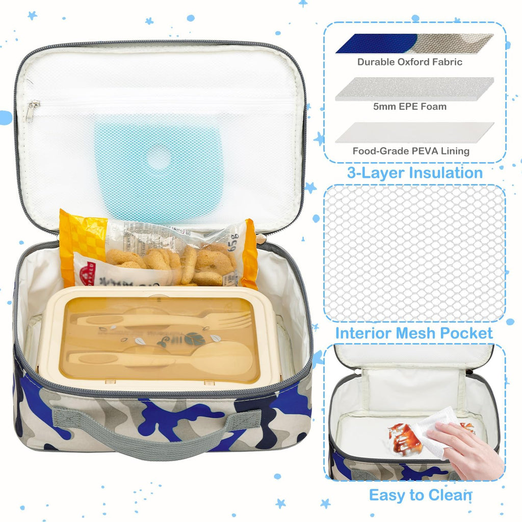 Kids Lunch box Insulated Soft Bag Mini Cooler Back to School Thermal Meal Tote Kit for Girls, Boys,Blue Camo