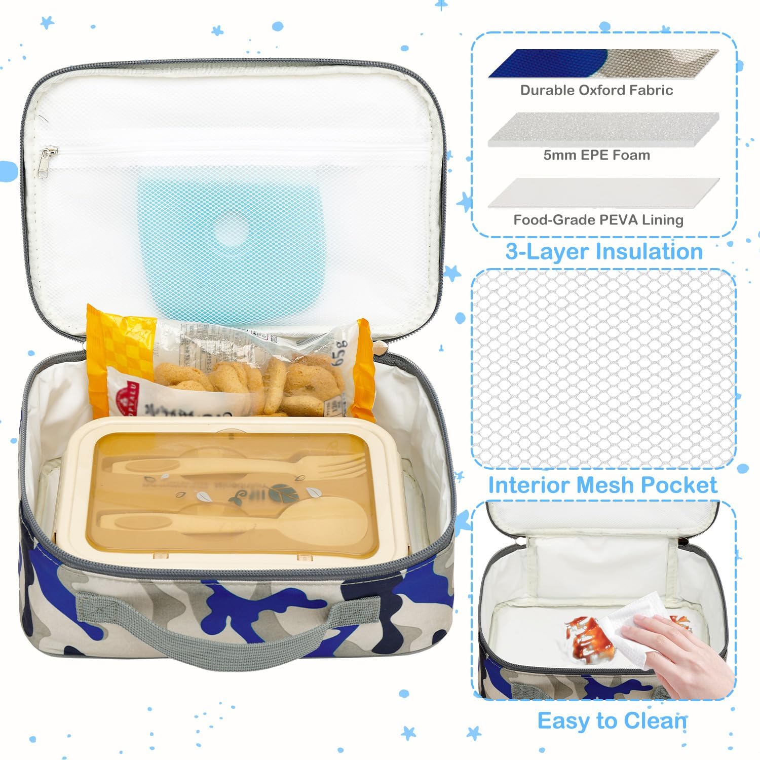 Kids Lunch box Insulated Soft Bag Mini Cooler Back to School Thermal Meal Tote Kit for Girls, Boys,Blue Camo