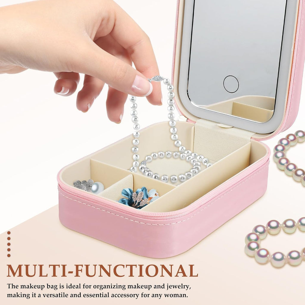 Adjustable Brightness Travel Makeup Case with LED Lighted Mirror Compact Small Organizer Bag with Divided Storage for