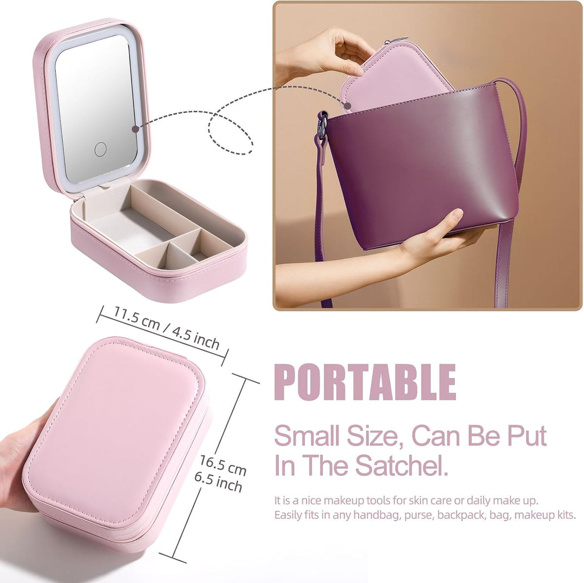 Travel Cosmetic Mirror Case LED Makeup Mirror Storage Case for Eyelash Station Brushes Cosmetic Tools Pink On-the-go