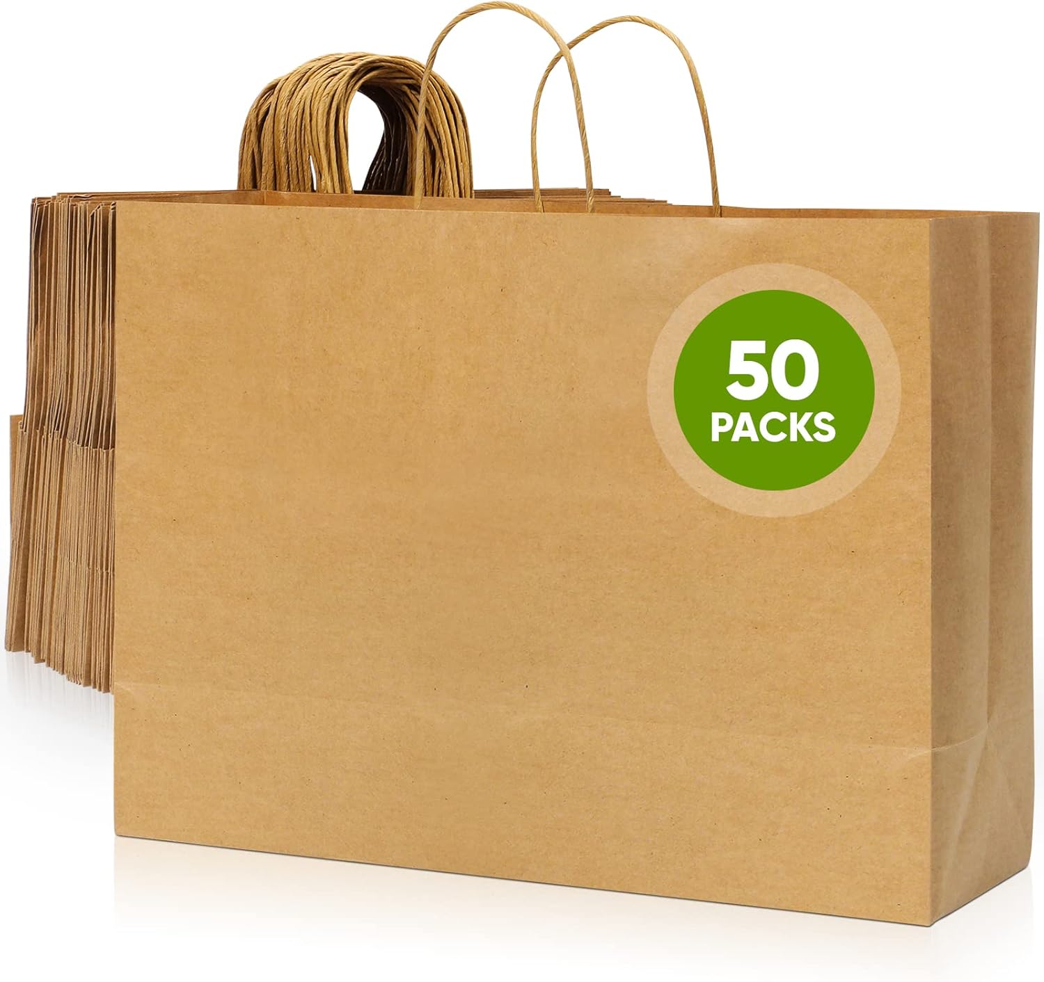Kraft Paper Bags with Handles, 50 Pack Large Brown Heavy Duty Bags | 16x6x12 Inches, Bulk Shopping and Retail Bags