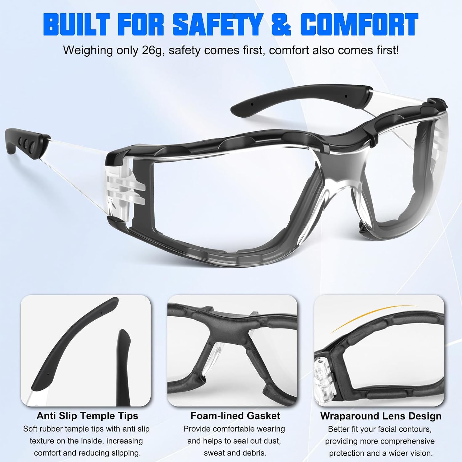 Safety Glasses for Men, ANSI Z87.1 Anti-Fog Impact Resistant Protective Eyewear, Foam Gasket, UV Protection
