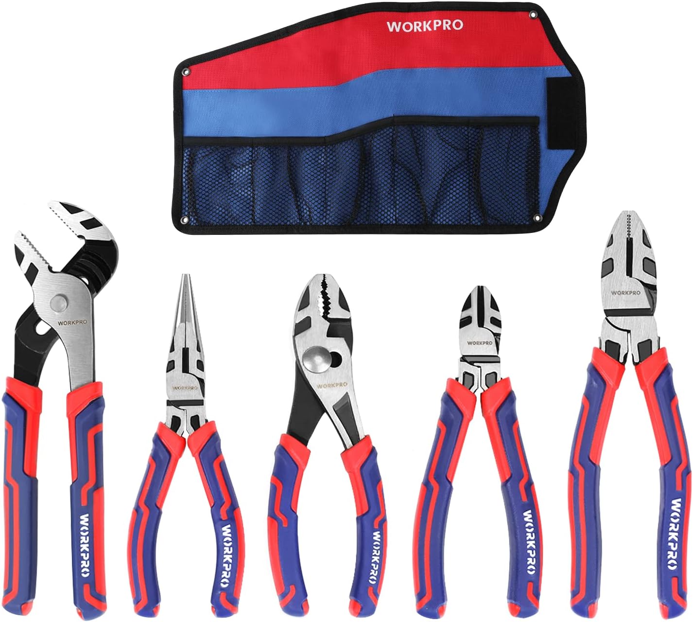 Pliers Set, Premium Cr-V Construction, Includes 6 Inch Slip Joint, Long Nose, Diagonal Cutting, 8 Inch Groove Joint