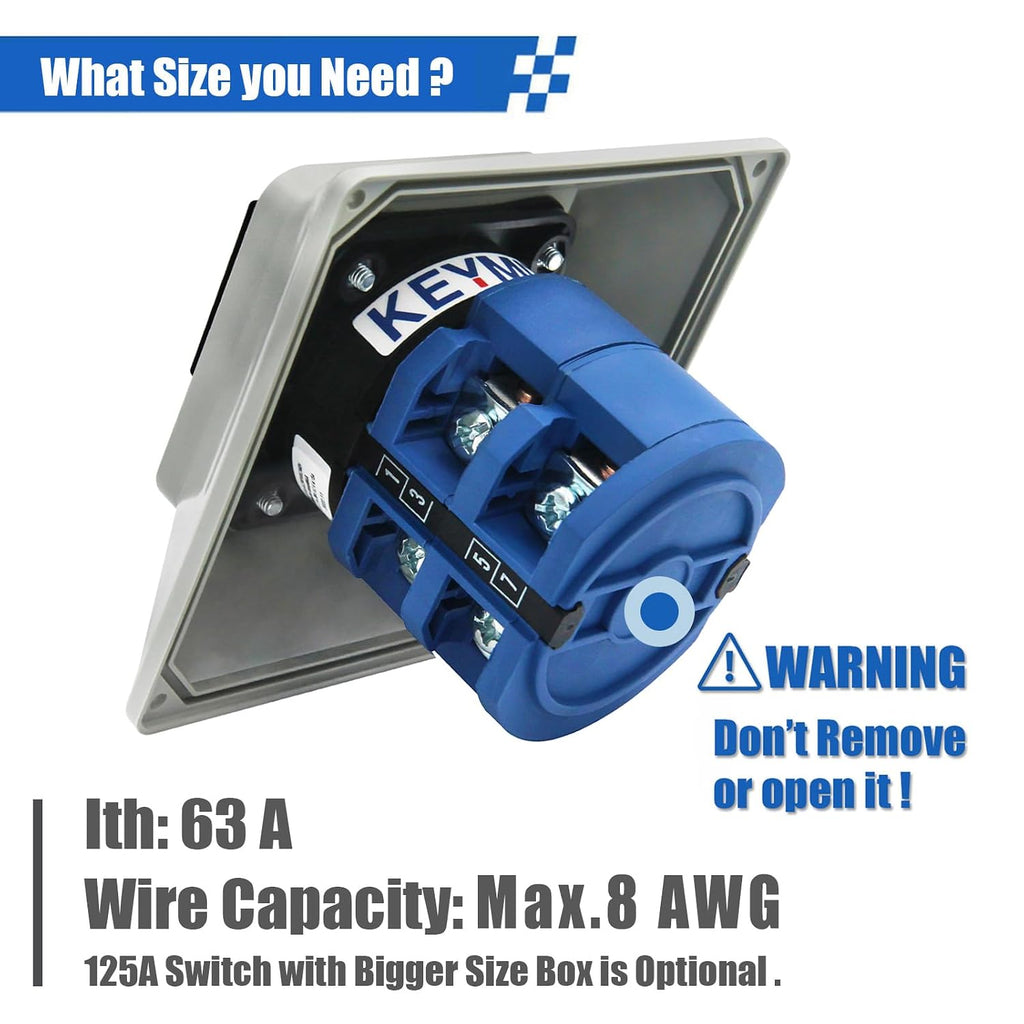 63A 660V 2 Pole Rotary Changeover Switch with Outer Box, 3 Position ON-Off-ON, 2NO 2NC 8 Terminals Universal Selector Switch for Motor Control, Electric Power Control