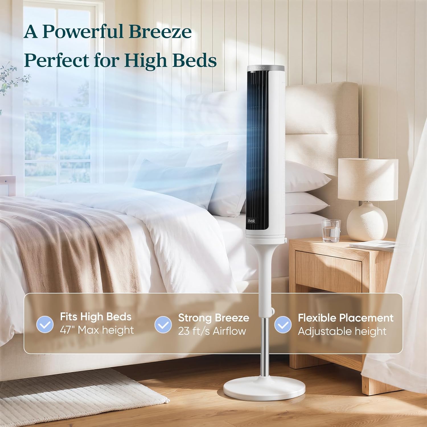 Tower Fan for Bedroom, Standing Fan with 36”-47” Adjustable Height | 28dB Quiet, 23 ft/s Velocity, Bladeless, 90°