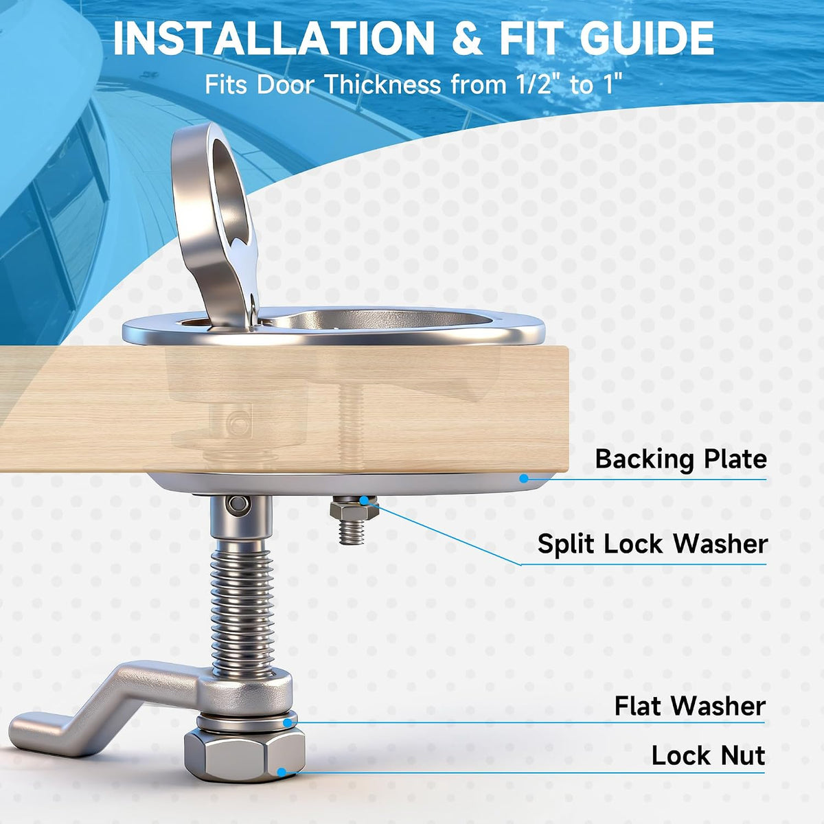 Boat Cam Latch, 316 Marine Stainless Steel Boat Hatch Latch with Back Plate, Flush Pull Handle Includes Installation Screws Marine Hatch Deck Hardware for Ships, Yachts, RVs