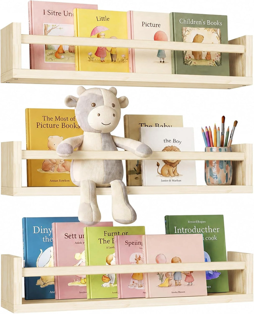 Nursery Shelves, 16.5 Inch Floating Bookshelves for Wall Set of 3, Baby Nursery Decor, Solid Wood Wall Mounted