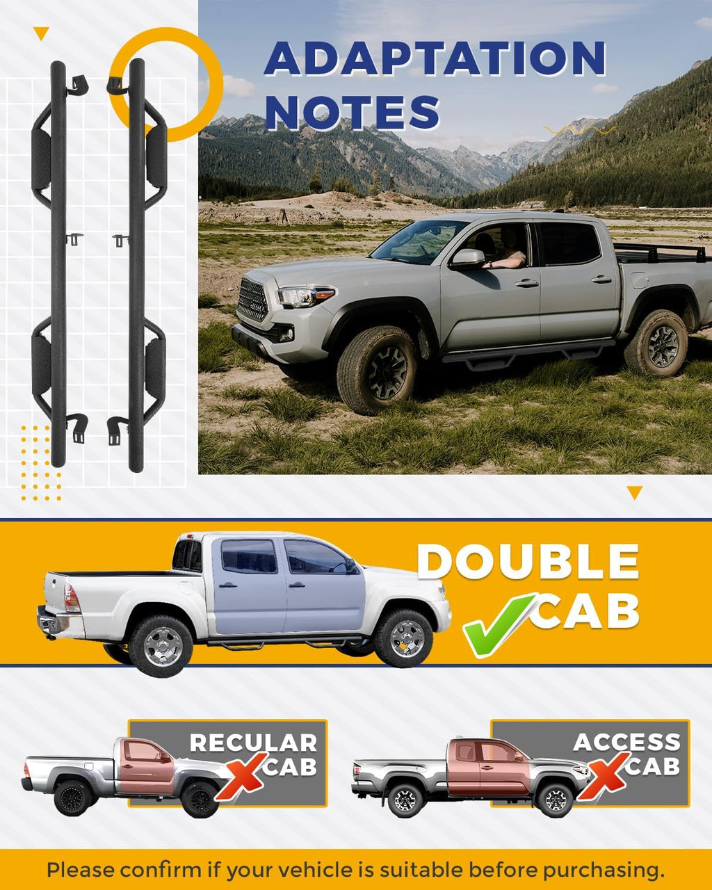 ECOTRIC Running Boards Compatible with 2005-2023 Toyota Tacoma Double Cab with 4 Full Size Nerf Bars Door Dropped Side Steps Hoop (Matte Black)