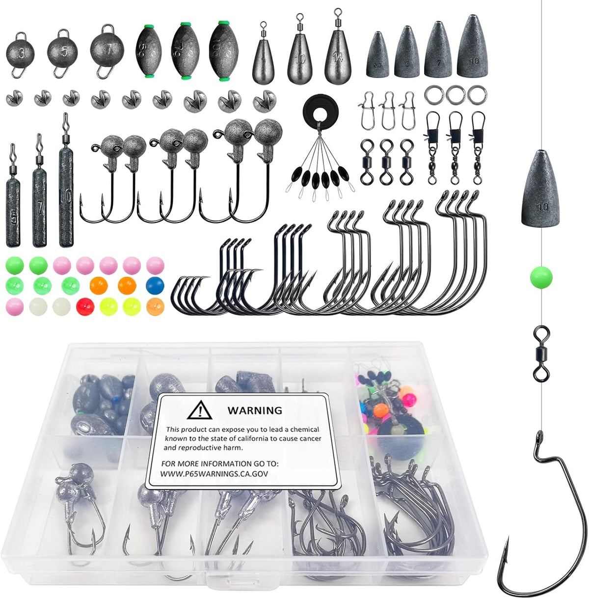 Fishing Accessories Kit Organized Fishing Tackle Box | Included Hooks, Sinkers Weights, Rubber Bobber, Jigs, Beads