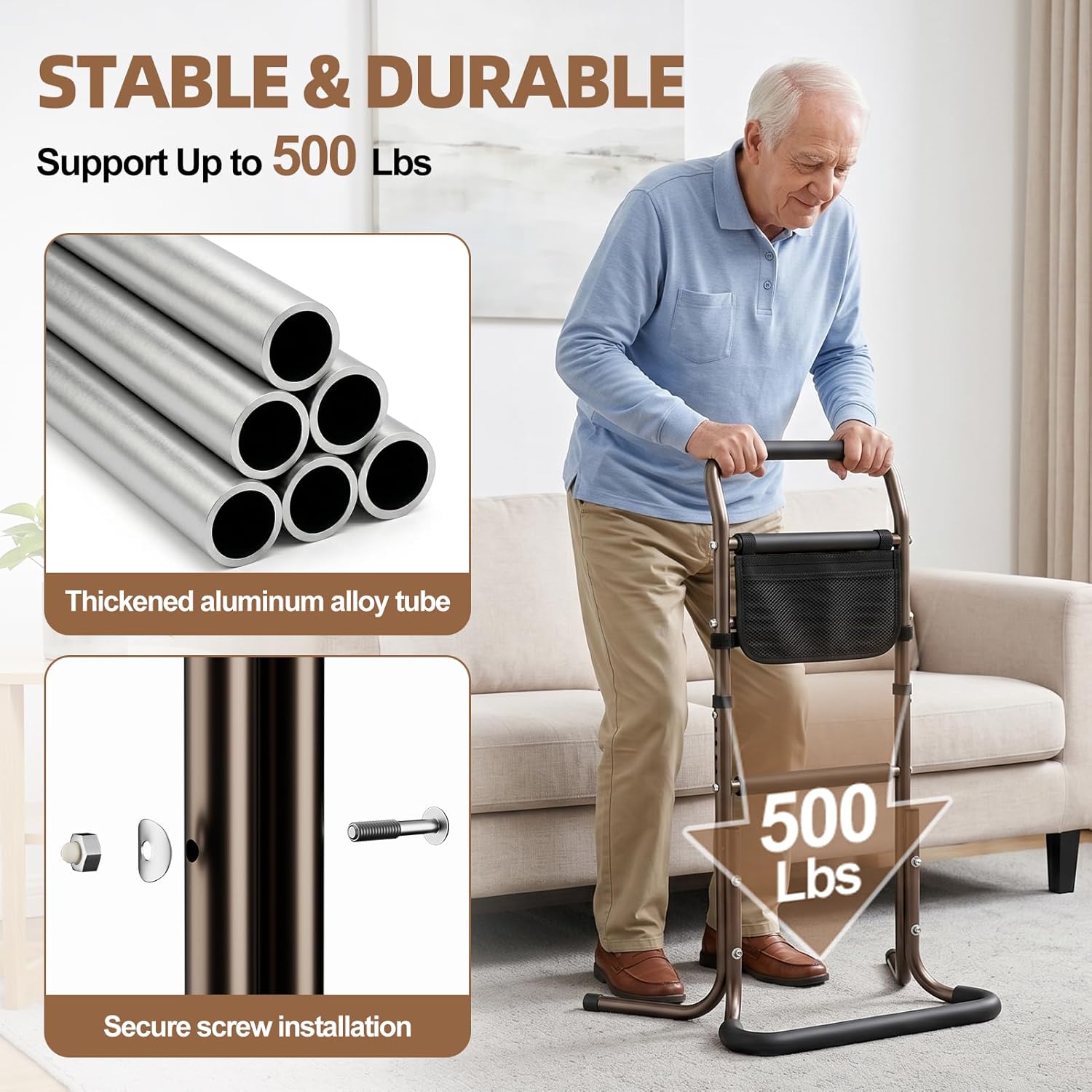Stand Assist Aid for Elderly, 500Lbs Weight Capacity, 32.9'' - 35.8'' Height Adjustable Aluminum Alloy Mobility Aid