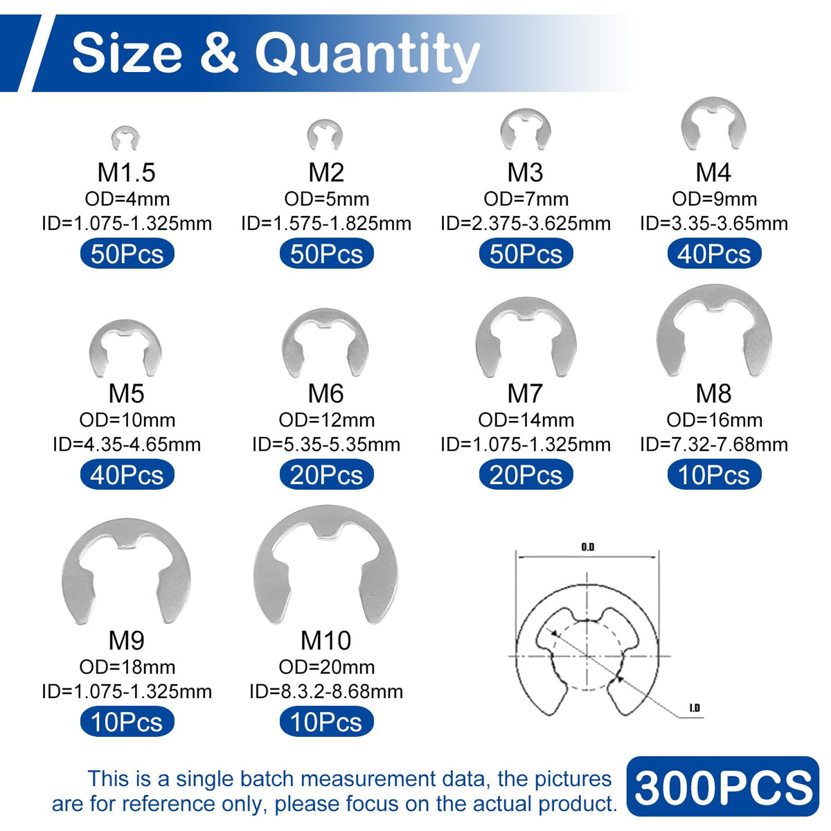 MroMax 300Pcs Stainless Steel E-Clip Assortment Kit, 10 Sizes M1.5 - M10